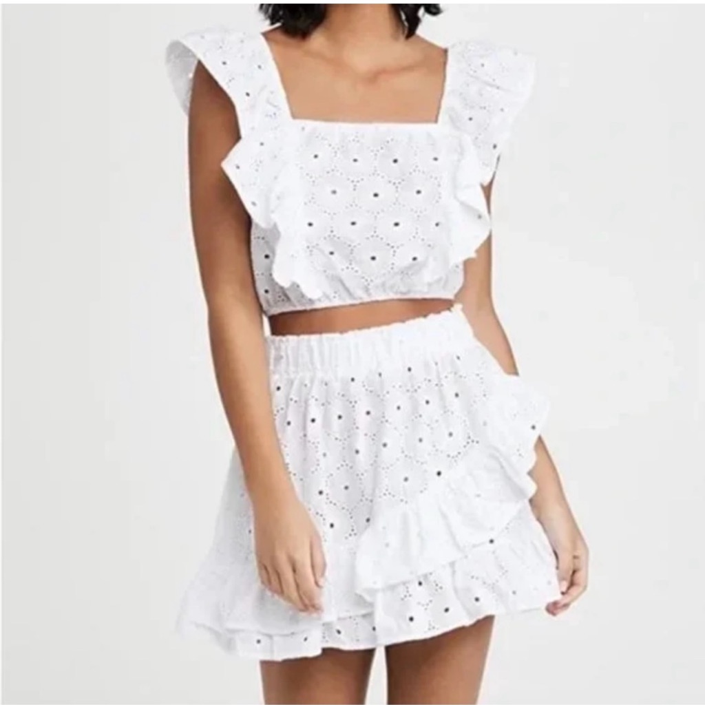 Eberjey White Eyelet Ruffle Top And Skirt Set